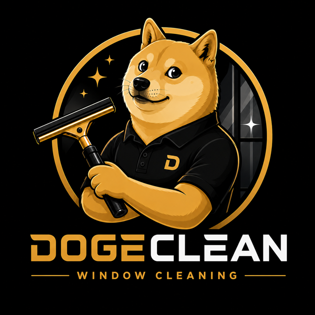 DogeClean Window Cleaning — a golden dog holding a squeegee